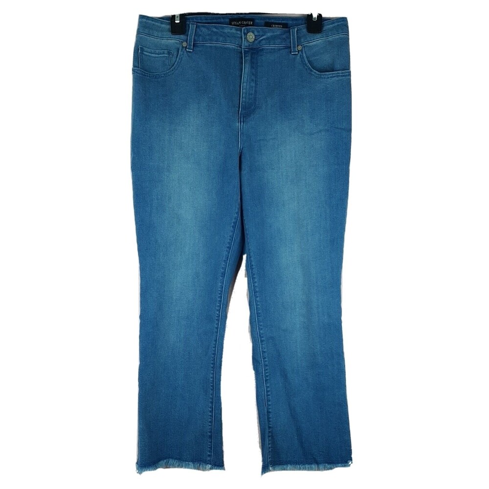 Susan Graver Womens High Cropped Jeans Frayed Tulip Hem Size 12